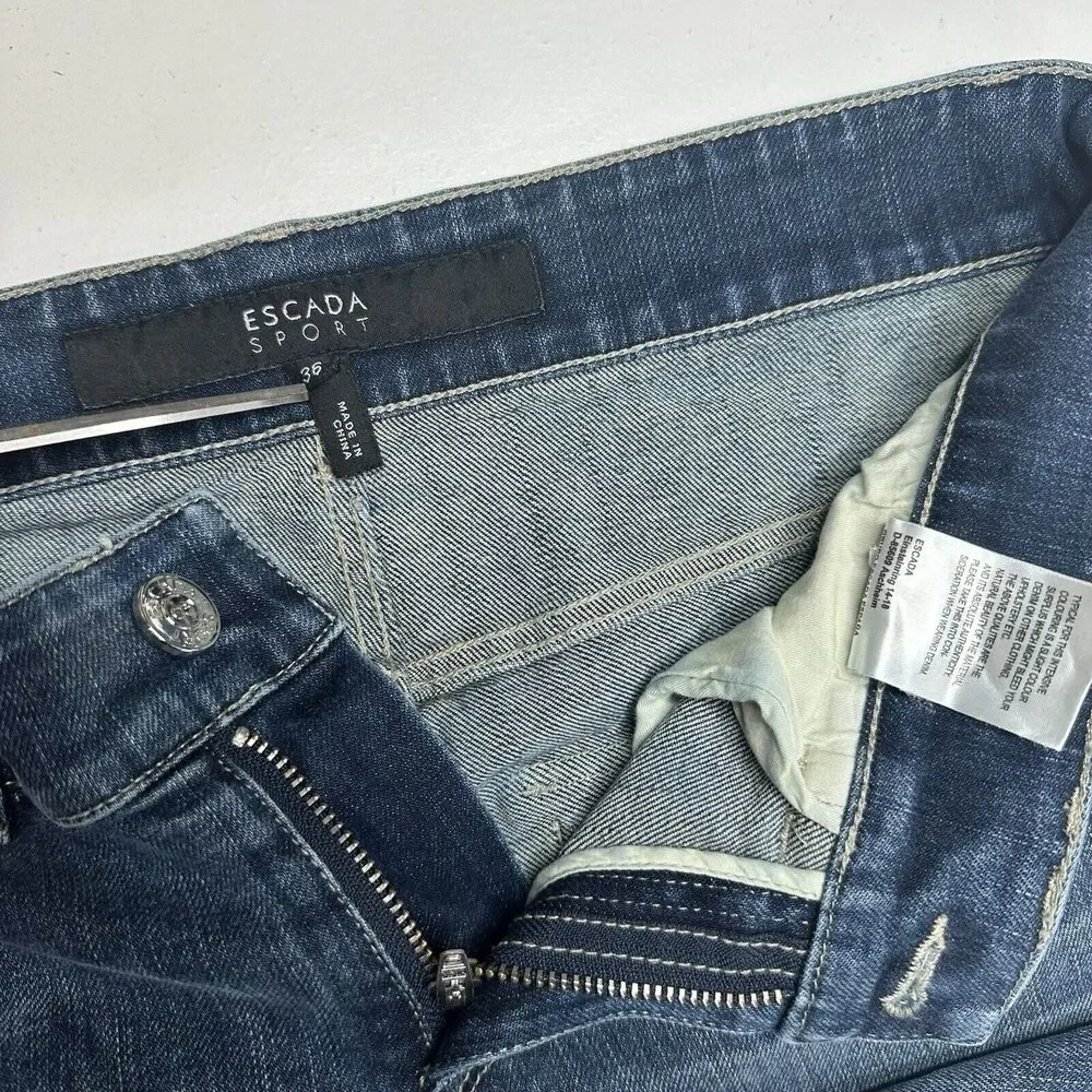 Escada Sport Selvedge Jeans Womens 6 EUR36 Skinny Blue Denim Tie Flaps Distress